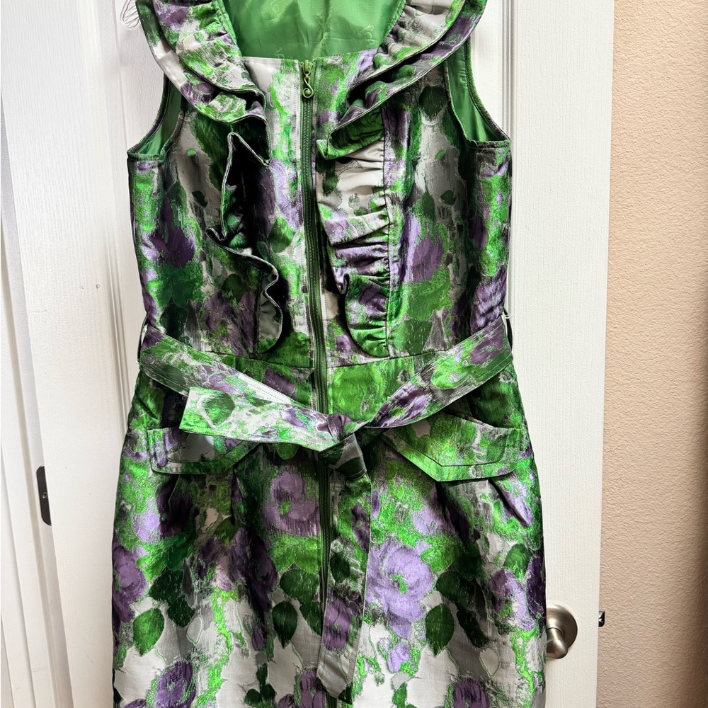 Green and Purple Floral Sleeveless Jaquard Dress - Picture 7 of 12